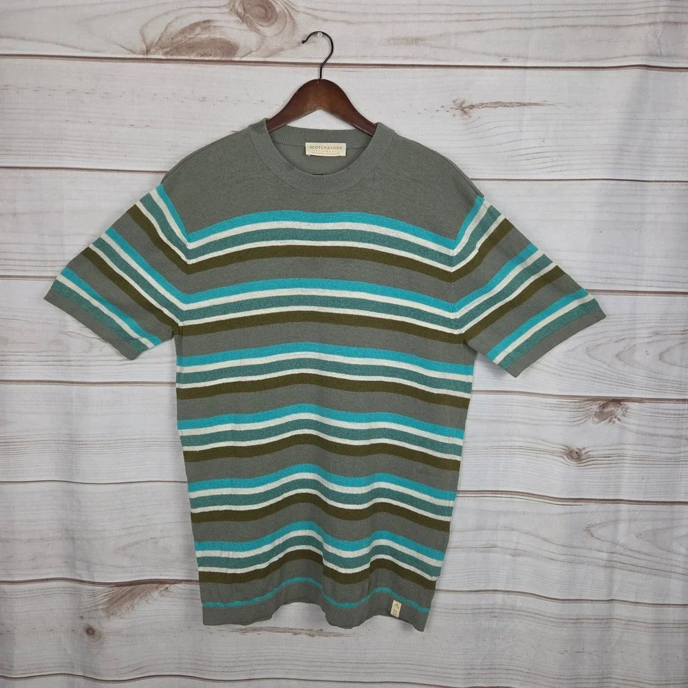 Scotch & Soda Knit Sweater Mens Medium Grey Striped Short Sleeve Linen Blend